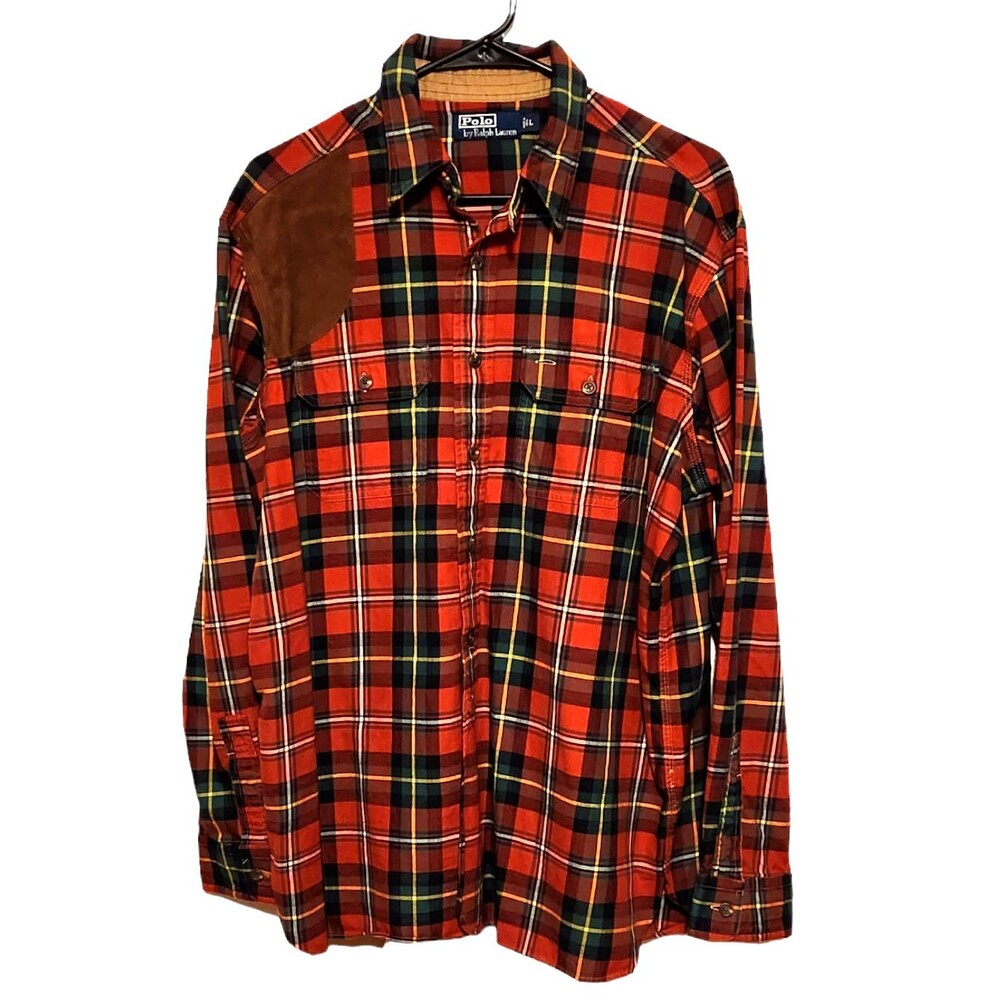 Vtg. Polo Ralph Lauren Shirt Red Tartan Plaid w/ Suede Shoulder Patch Mens Large